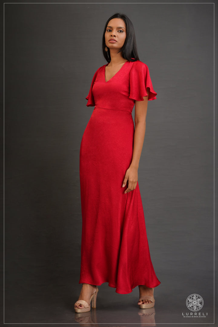 V-neck, A-line maxi dress with flutter/ruffle sleeves – view 11 – Lurreli