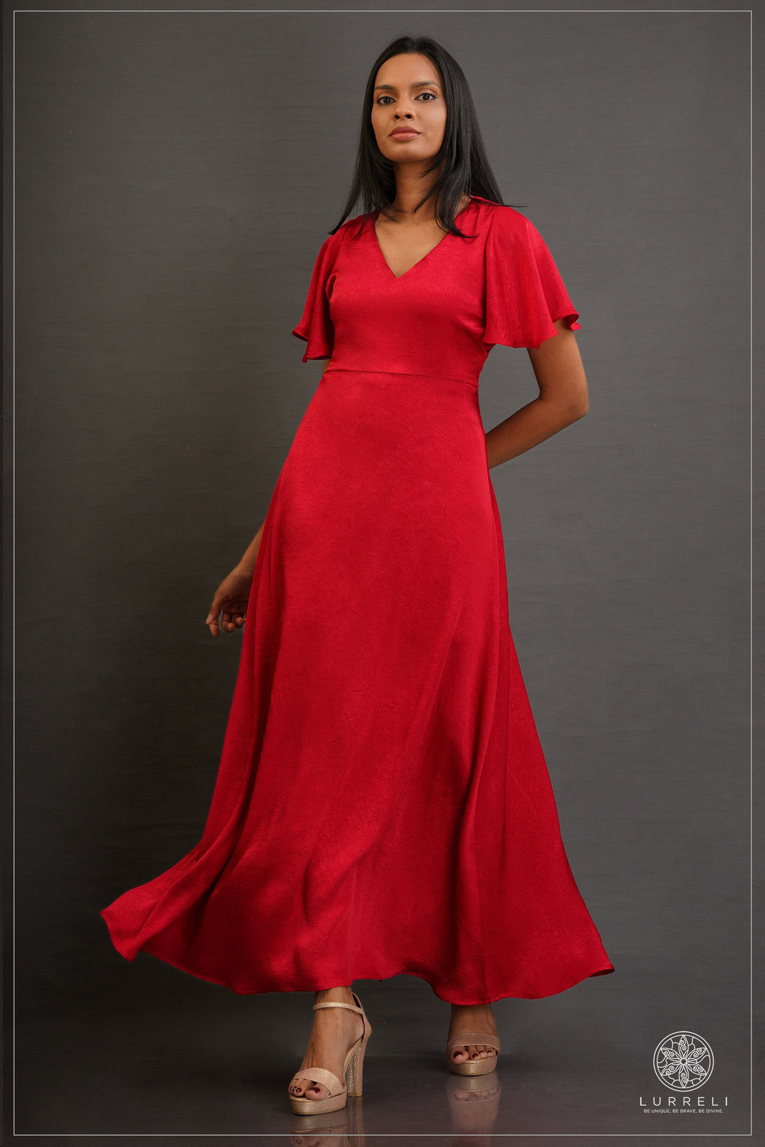 V-neck, A-line maxi dress with flutter/ruffle sleeves – Red – Lurreli