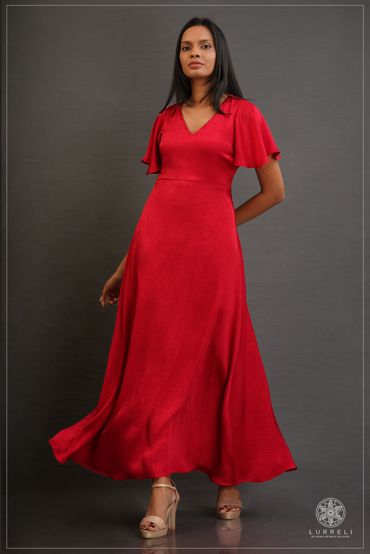 V-neck, A-line maxi dress with flutter/ruffle sleeves – Red – Lurreli