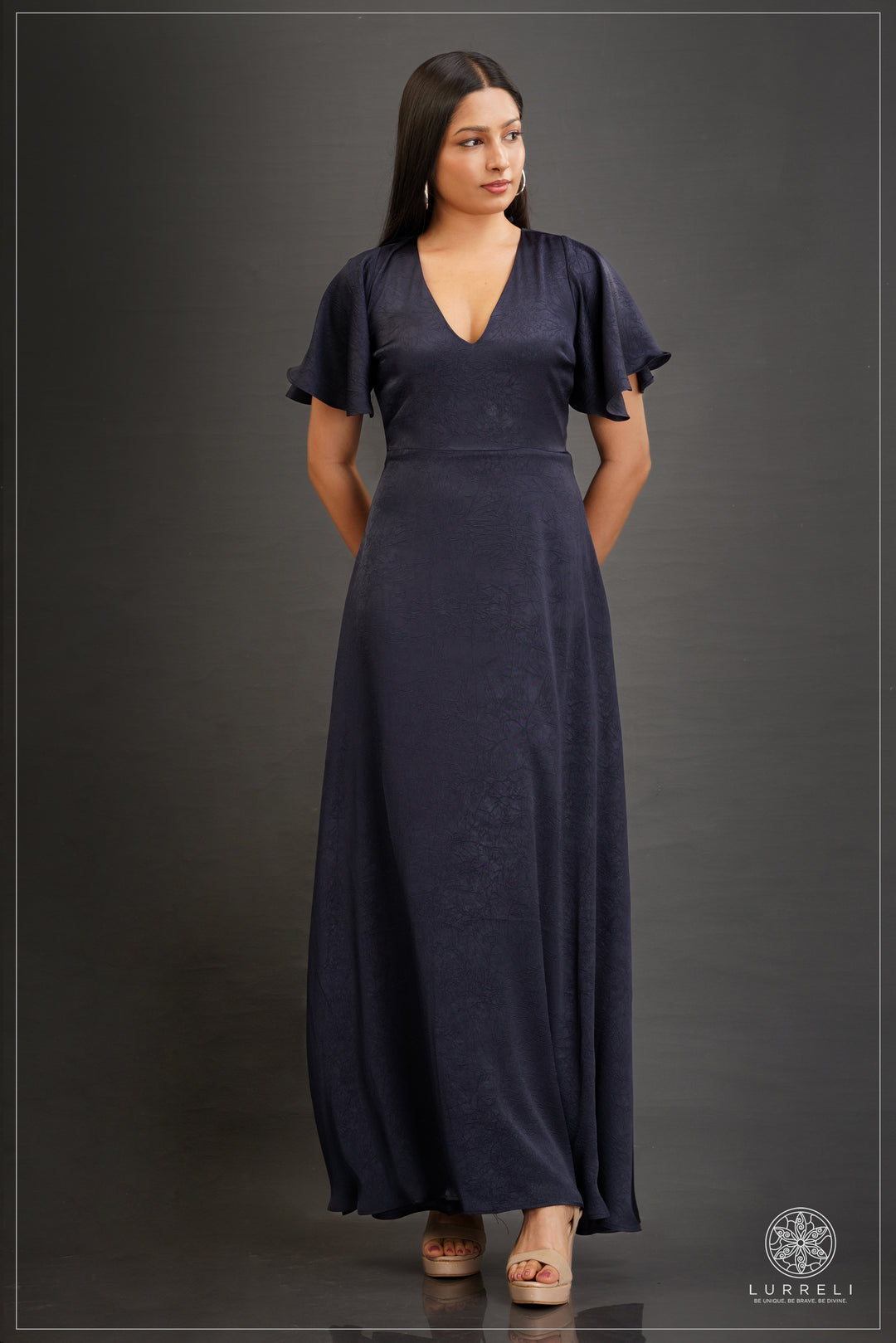V-neck, A-line maxi dress with flutter/ruffle sleeves – Navy – Lurreli