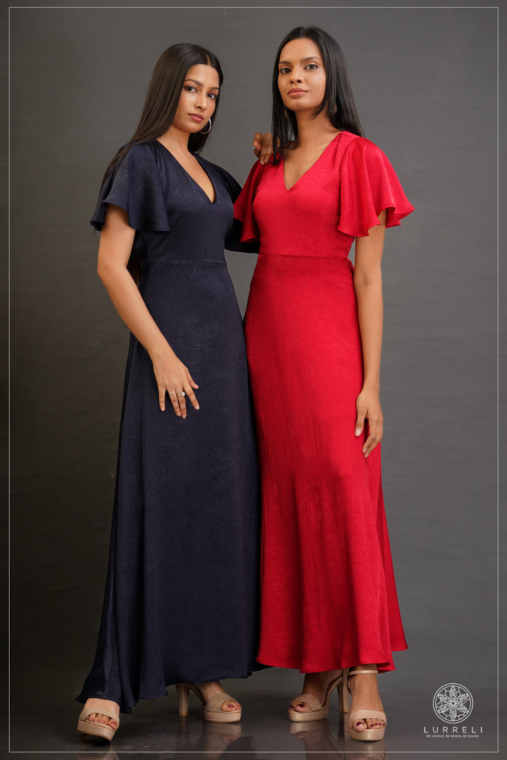 V-neck, A-line maxi dress with flutter/ruffle sleeves – view 12 – Lurreli