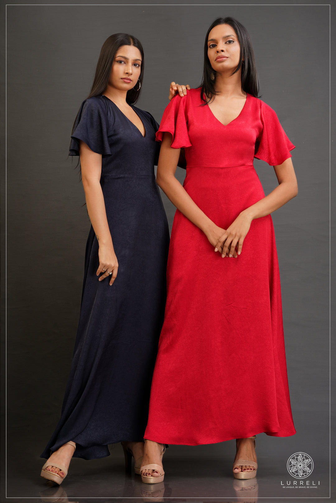 V-neck, A-line maxi dress with flutter/ruffle sleeves – view 1 – Lurreli