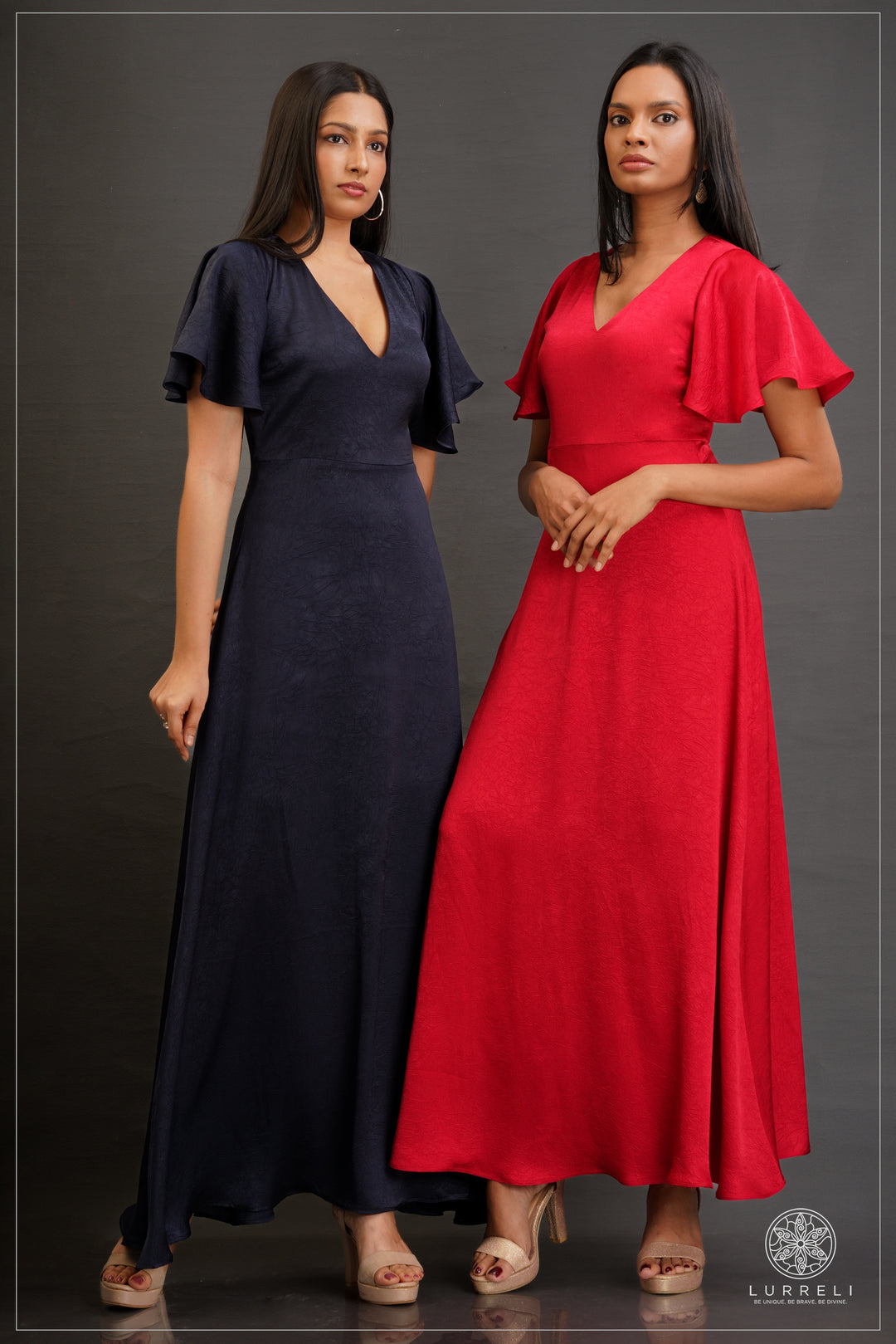 V-neck, A-line maxi dress with flutter/ruffle sleeves – view 5 – Lurreli