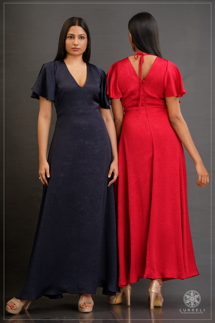 V-neck, A-line maxi dress with flutter/ruffle sleeves – view 7 – Lurreli