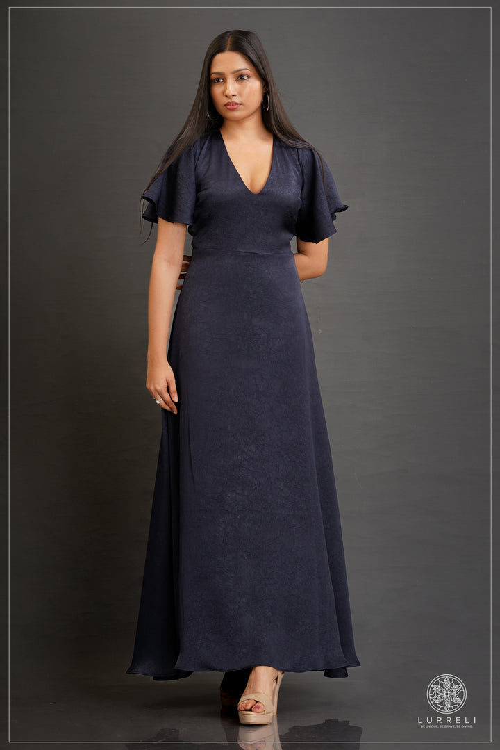 V-neck, A-line maxi dress with flutter/ruffle sleeves – view 3 – Lurreli