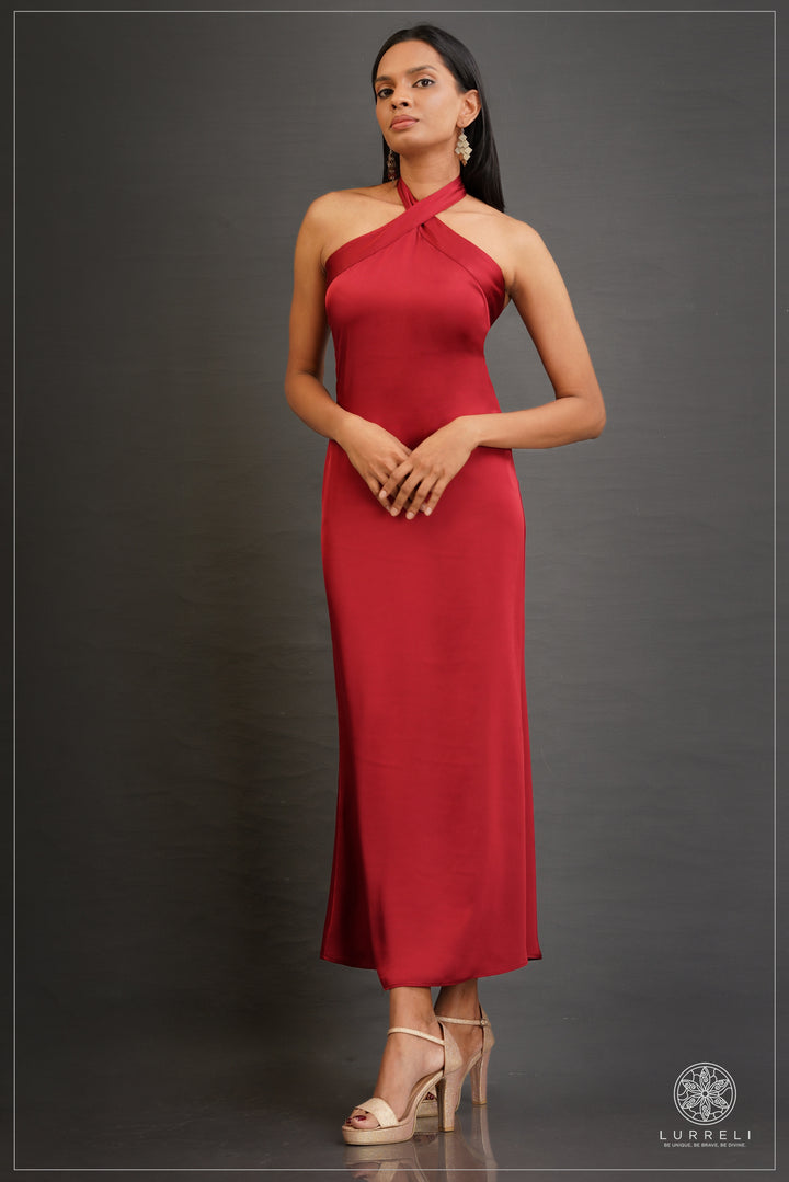 Cross Neck Detail Evening Dress – Red – Lurreli