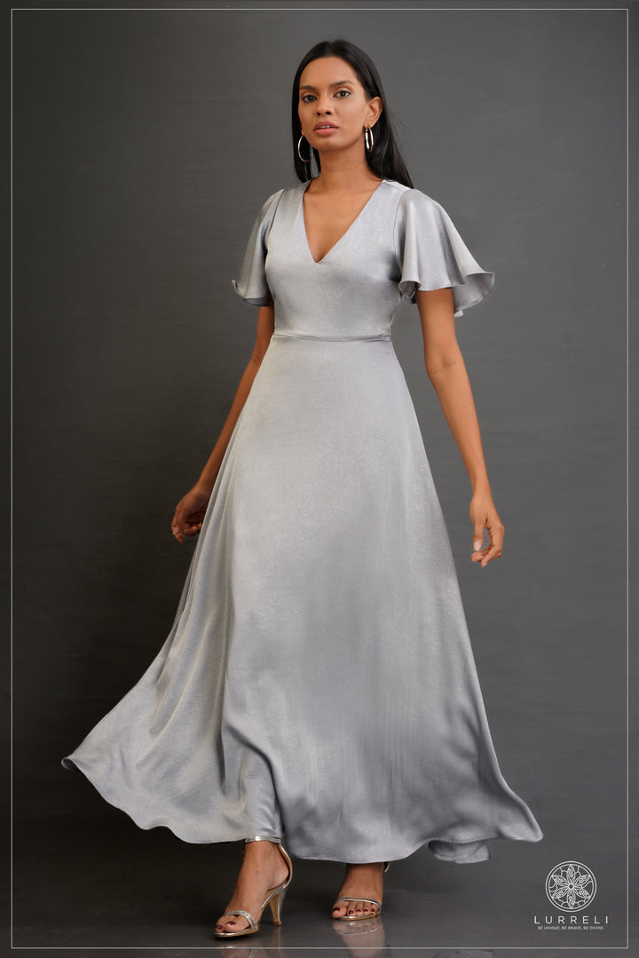 V-neck, A-line maxi dress with flutter/ruffle sleeves – Gray – Lurreli