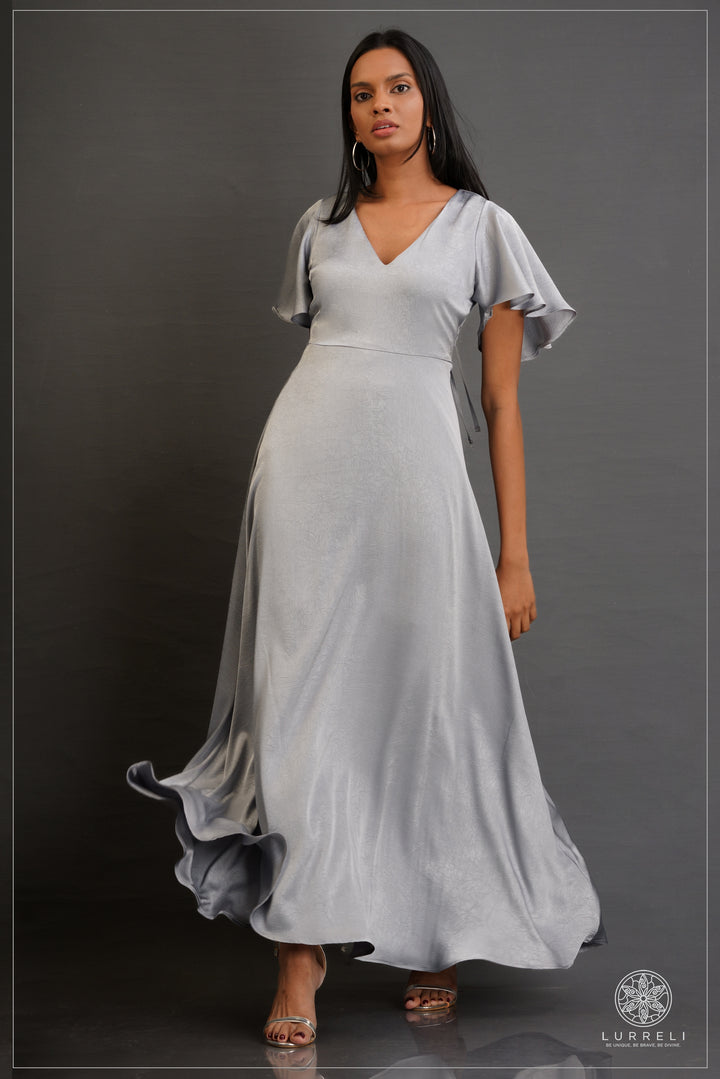 V-neck, A-line maxi dress with flutter/ruffle sleeves – view 6 – Lurreli
