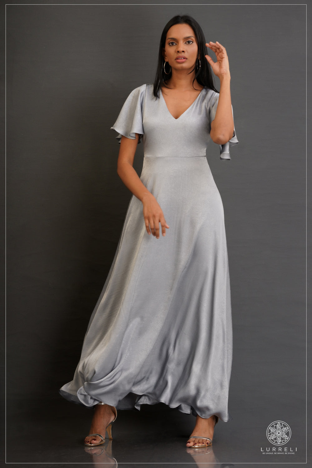 V-neck, A-line maxi dress with flutter/ruffle sleeves – view 2 – Lurreli