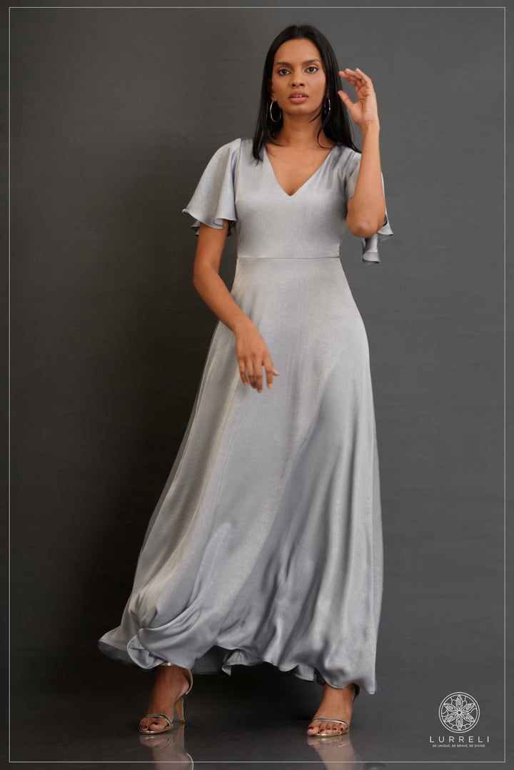 V-neck, A-line maxi dress with flutter/ruffle sleeves – view 2 – Lurreli