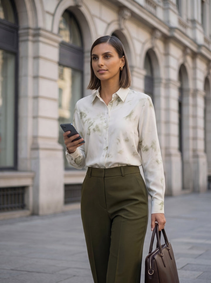 Woman wearing an olive watercolor print long sleeve button-up shirt with green trousers
