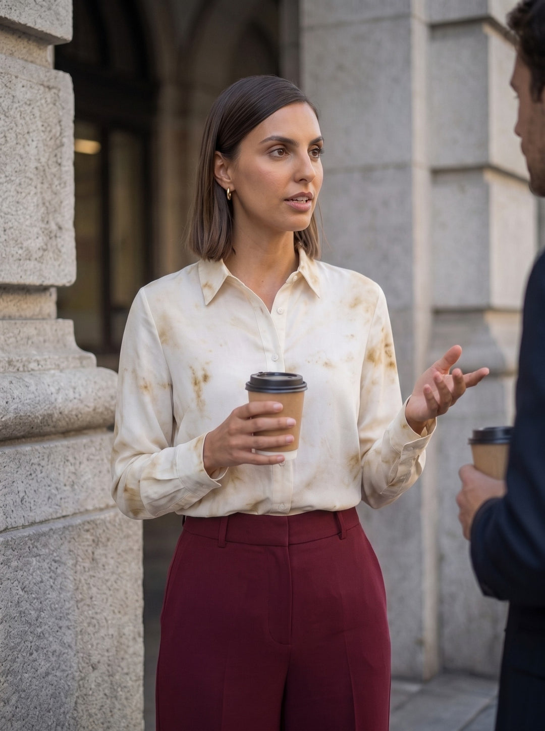 Woman wearing a warm tan watercolor long sleeve button-down shirt with burgundy trousers