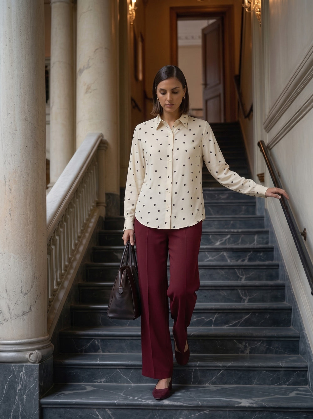 Close-up of cream polka dot button-down shirt with classic collar 2