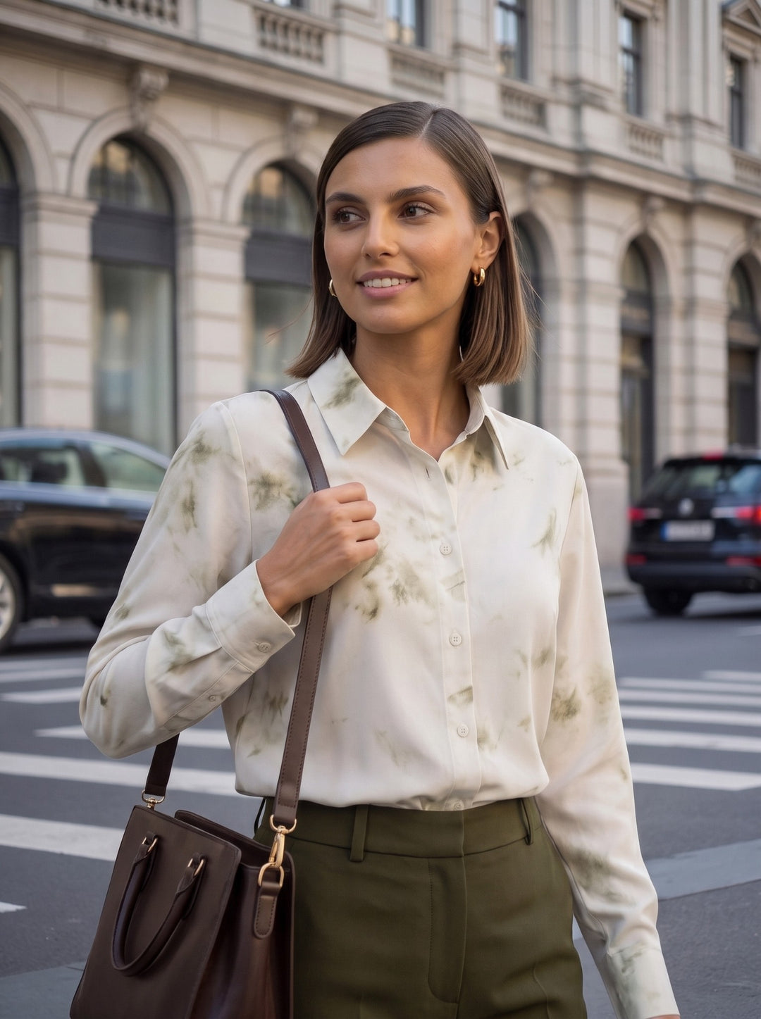 Close-up of an olive green watercolor long sleeve shirt with classic point collar