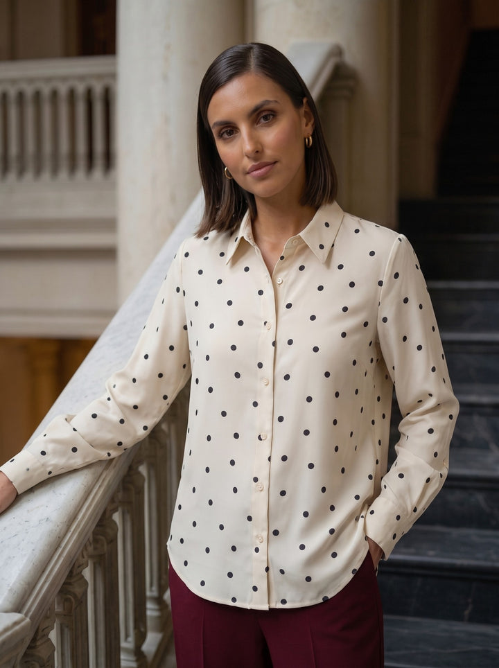 Close-up of cream polka dot button-down shirt with classic collar 3