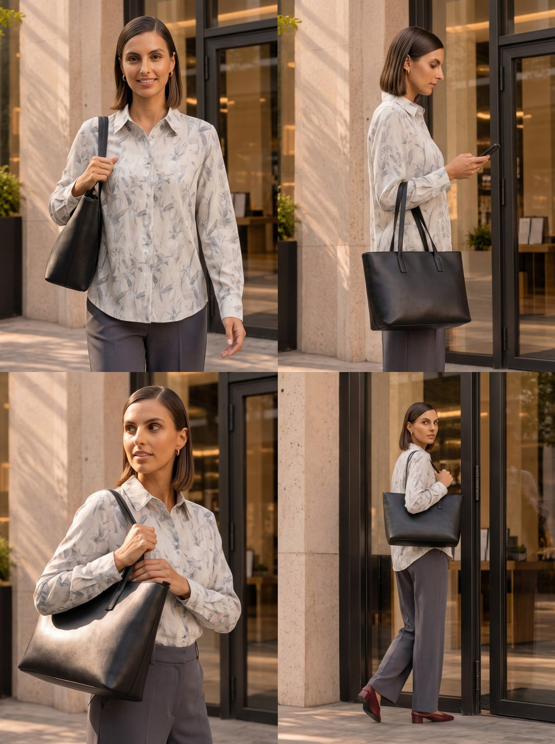 Collage showing the long-sleeve printed shirt styled tucked and untucked from multiple angles
