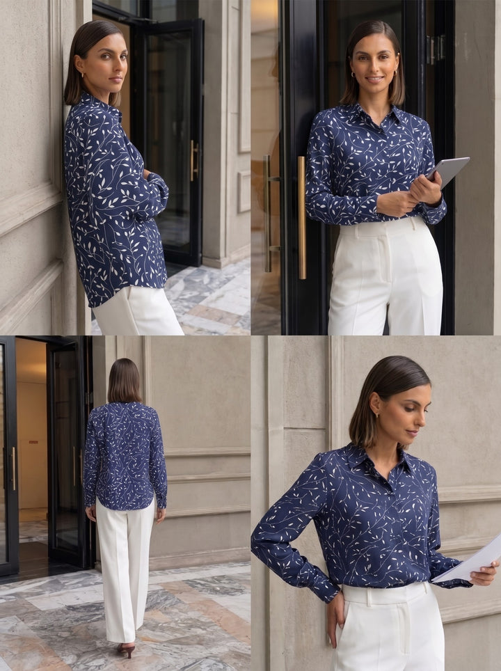 Collage showing multiple angles and details of the navy leaf print button-down shirt