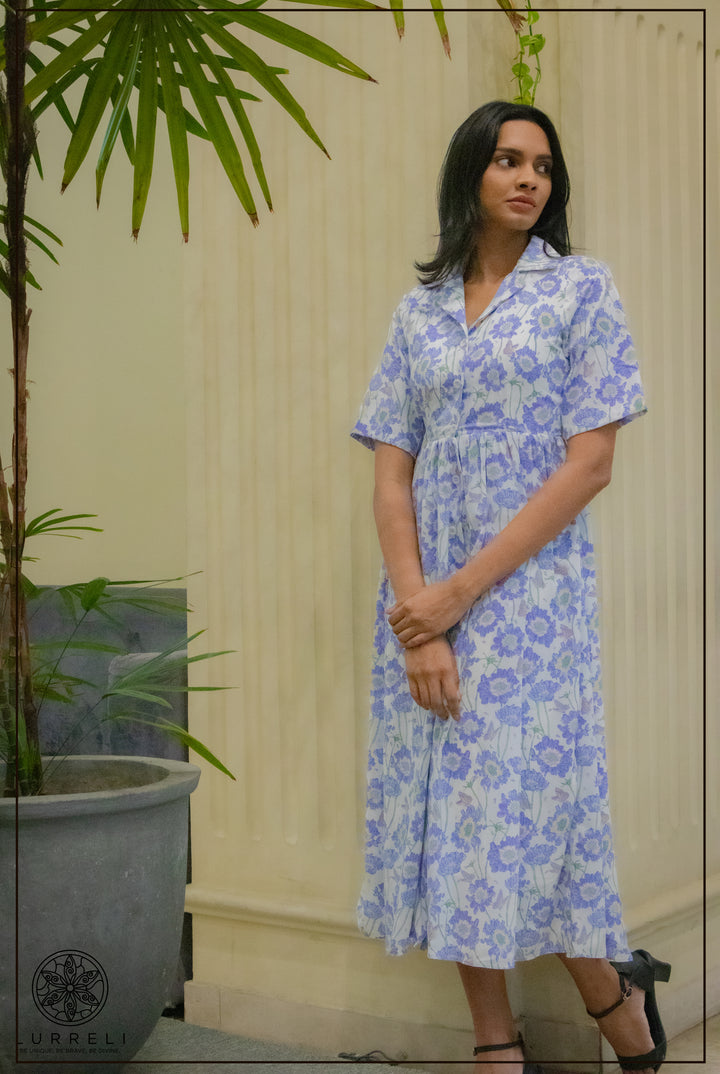 Collard Detail Short Sleeve Midi Dress – Blue – Lurreli