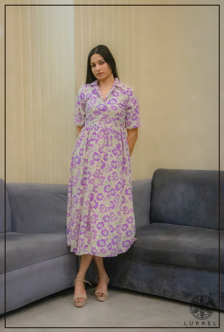 Collard Detail Short Sleeve Midi Dress – Purple – Lurreli