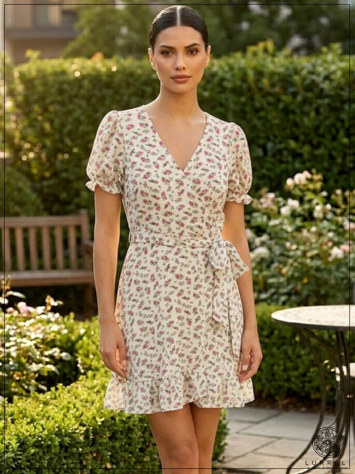 Brave Soul Ditsy Floral Print Mini Wrap Dress – Pink – Lurreli