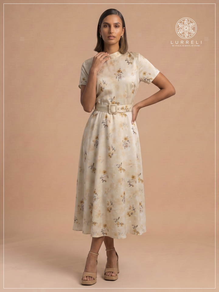 Belted Floral Midi Dress – Yellow – Lurreli