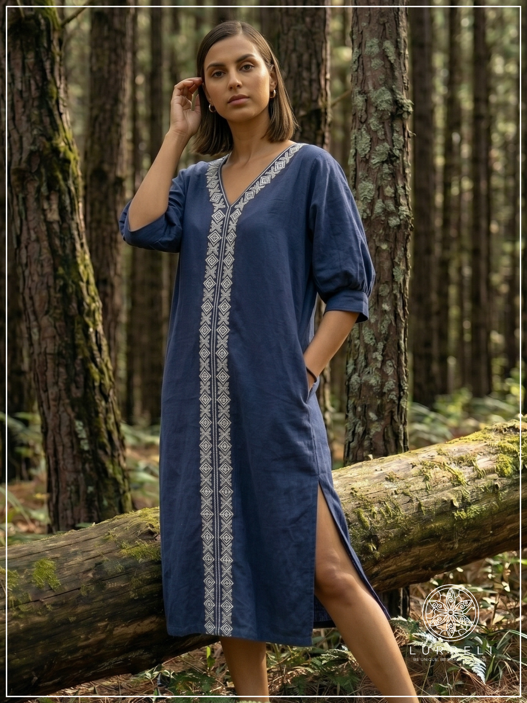 Embroidered linen shift dress – Navy – Lurreli