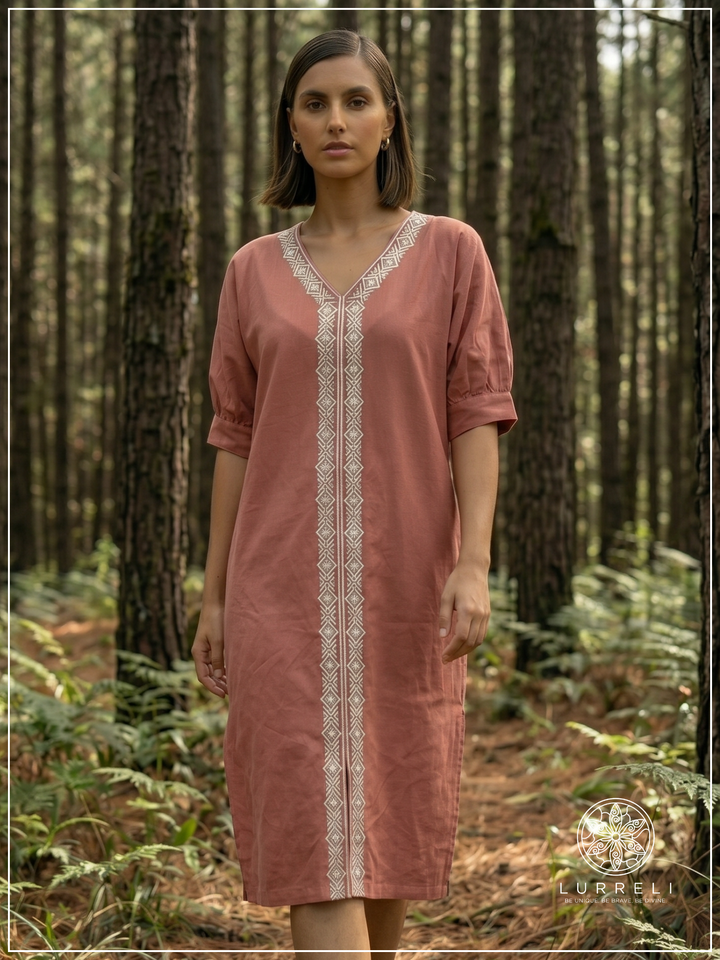 Embroidered linen shift dress – Pink – Lurreli