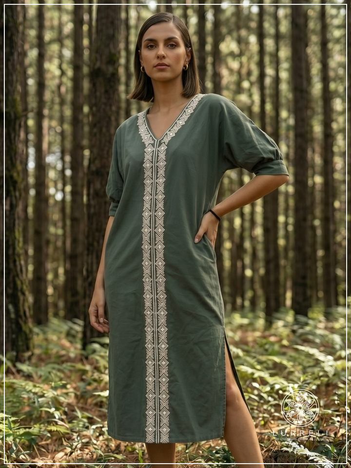 Embroidered linen shift dress – Green – Lurreli