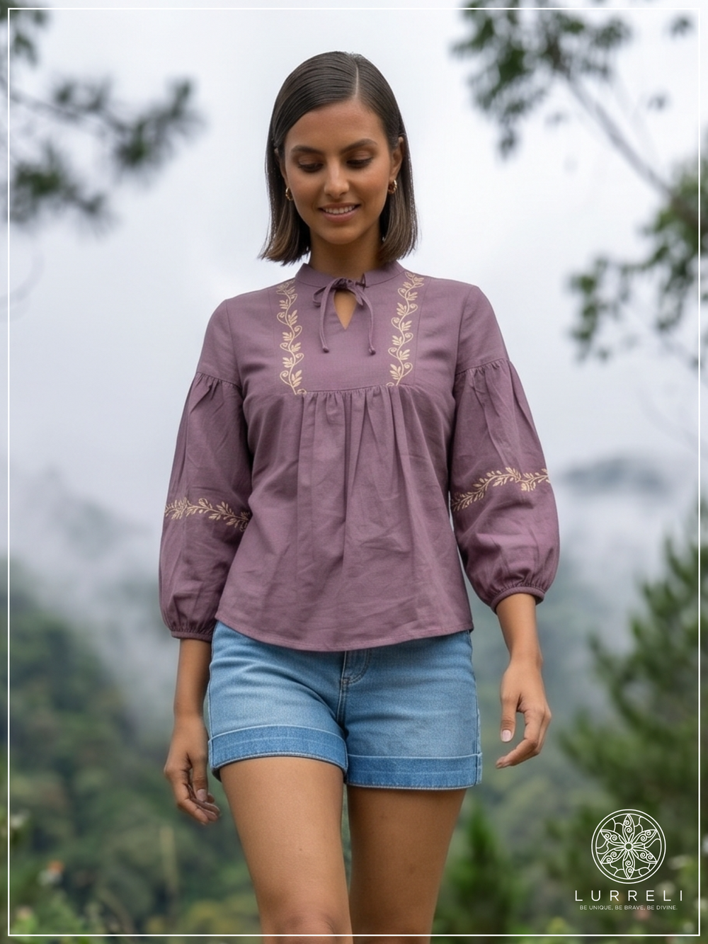 Embroidered Notch Neck Blouse – Purple – Lurreli