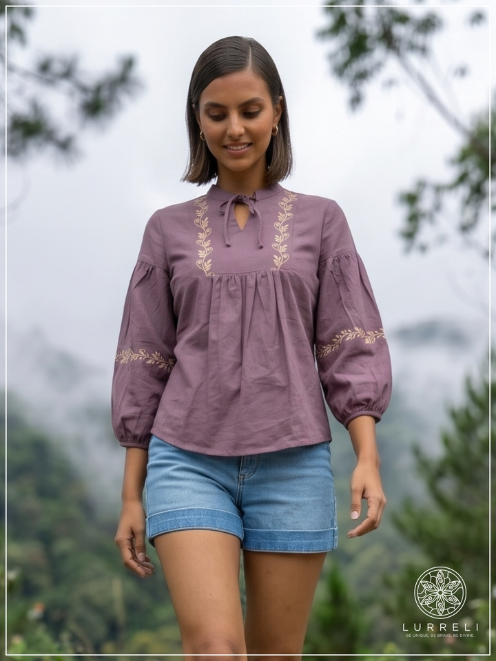 Embroidered Notch Neck Blouse – Purple – Lurreli