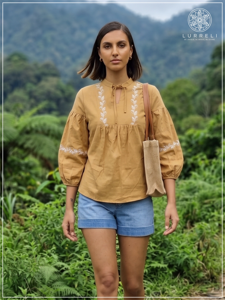 Embroidered Notch Neck Blouse – Yellow – Lurreli