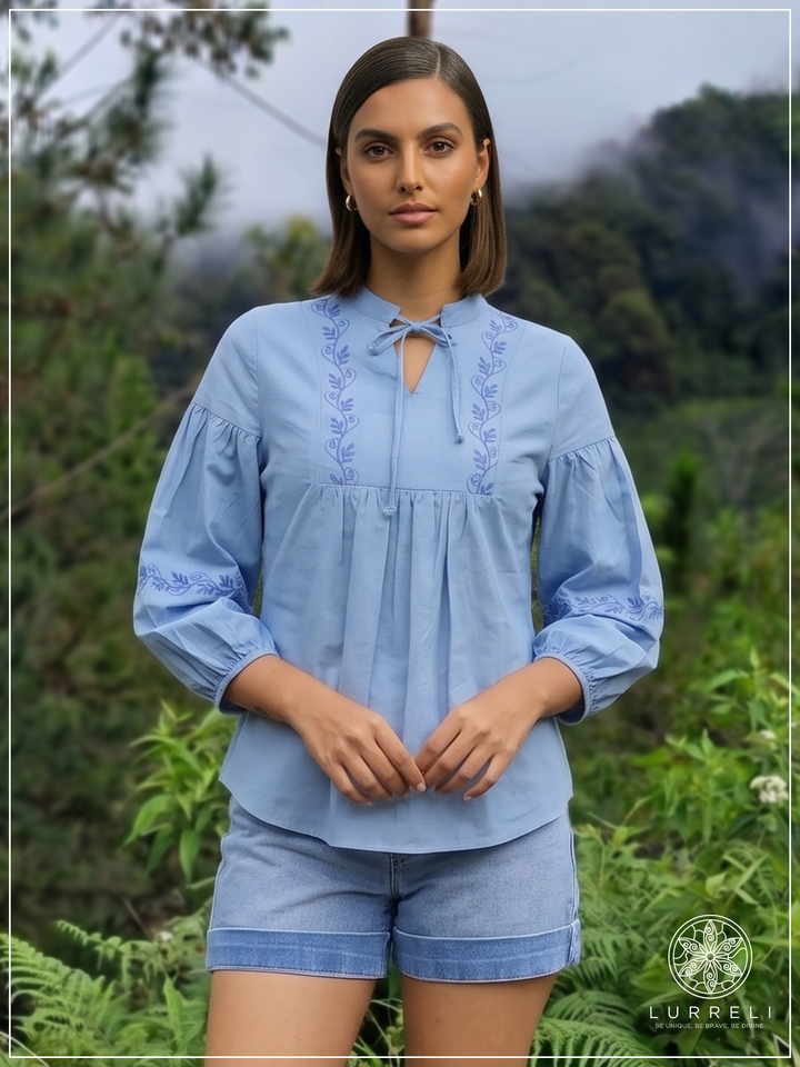 Embroidered Notch Neck Blouse – Blue – Lurreli