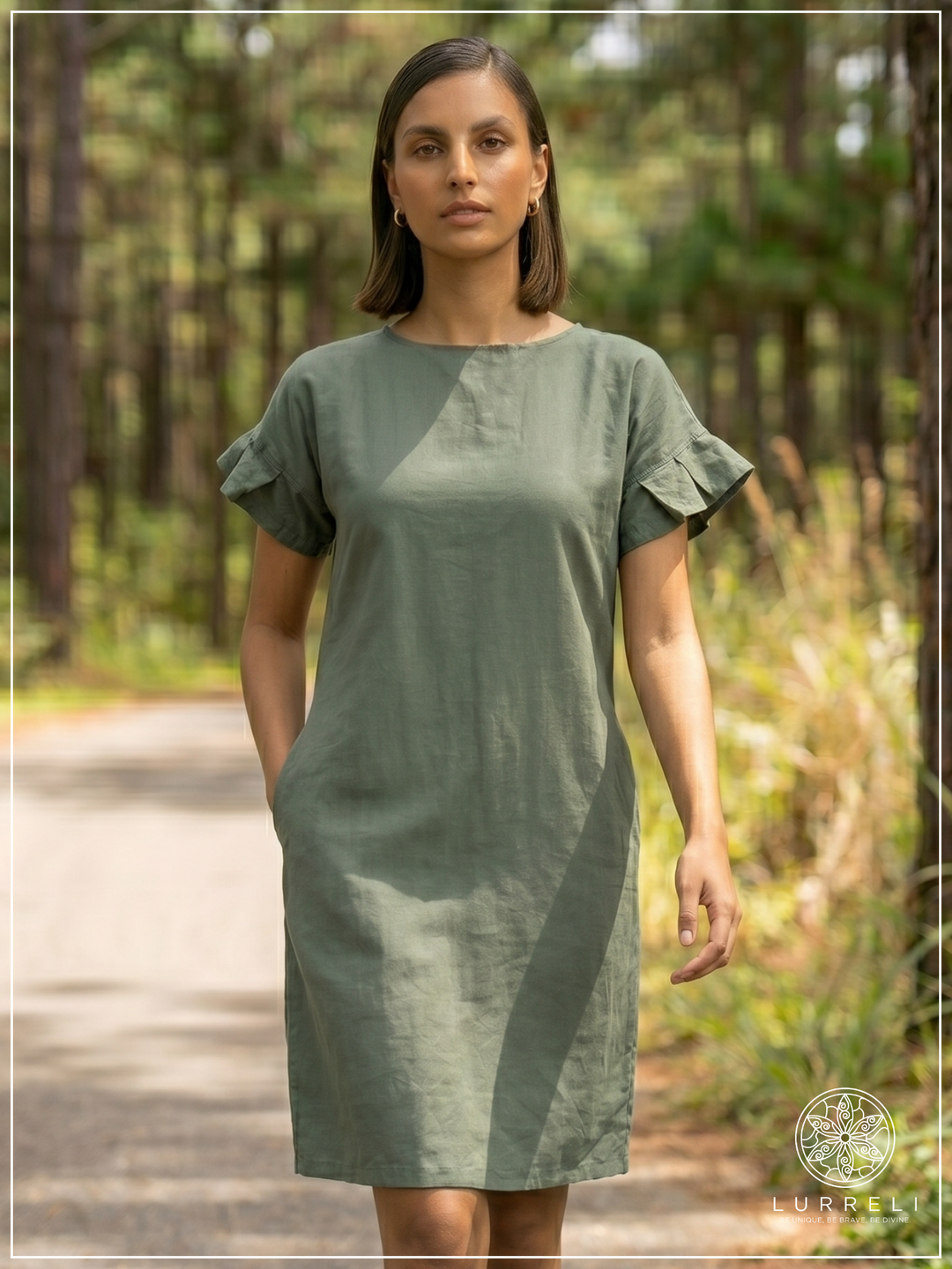 Casual Linen Ruffle-Sleeve Shift Dress – Green – Lurreli