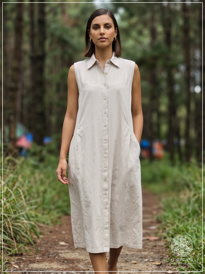 Casual Linen Button-Down Midi Dress – Gray – Lurreli