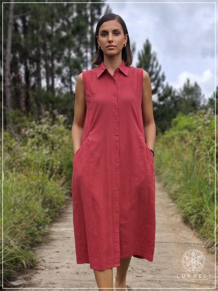 Casual Linen Button-Down Midi Dress – Red – Lurreli