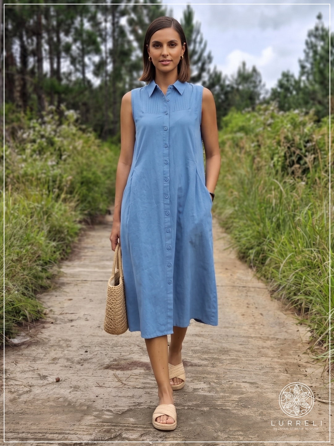 Casual Linen Button-Down Midi Dress – Blue – Lurreli