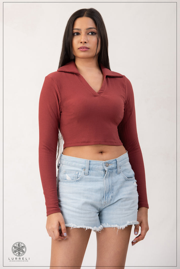 Long Sleeve Turn Down Collar Crop Top – Maroon – Lurreli