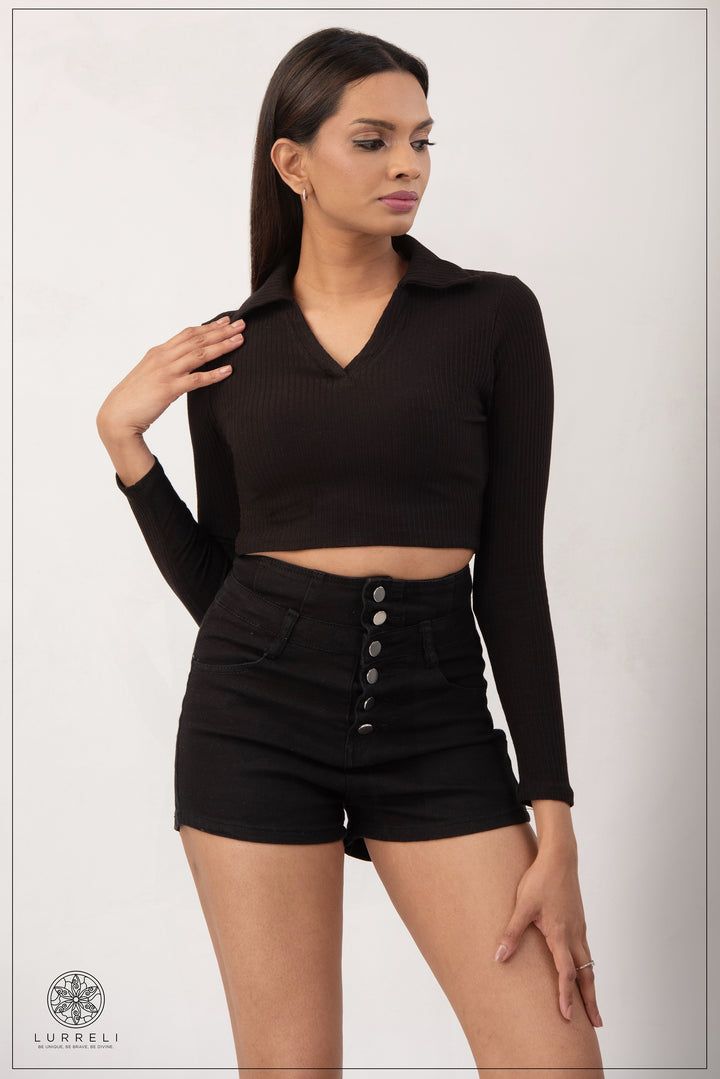 Long Sleeve Turn Down Collar Crop Top – Black – Lurreli