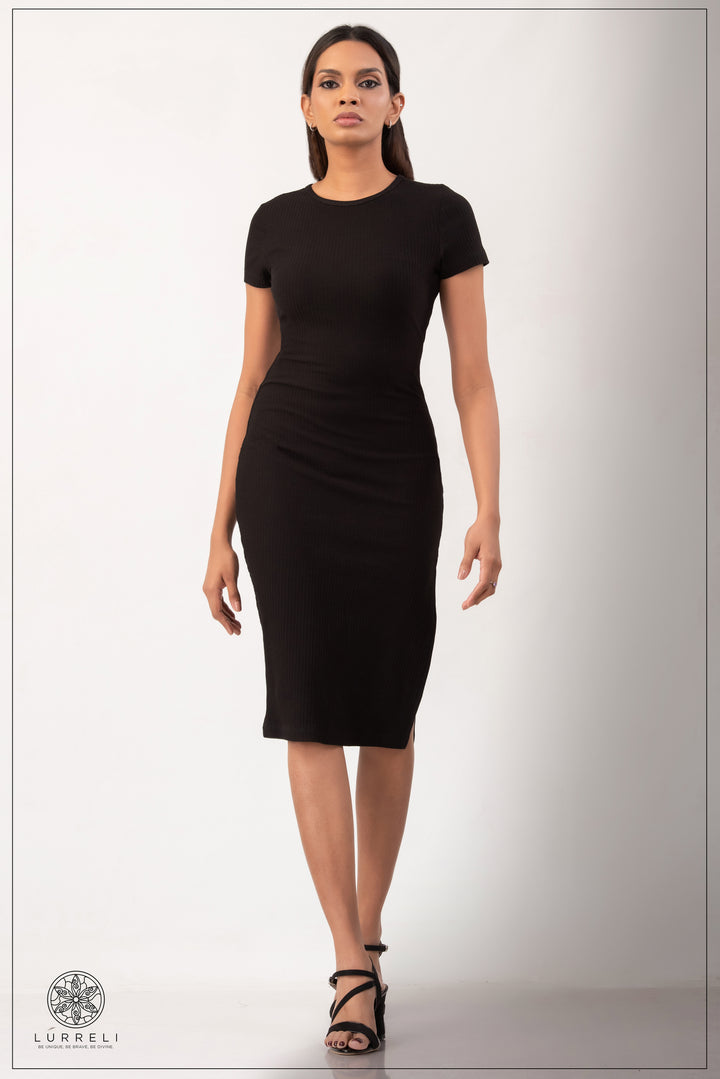 Run Neck Rib Midi Dress – Black – Lurreli