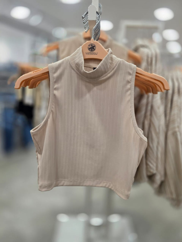 Sleeveless Rib Crop Top – Beige – Lurreli