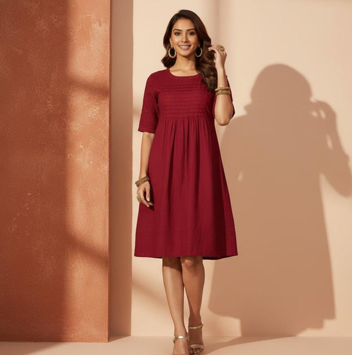 Pleated Detail Mid Sleeve Dress – Maroon – Lurreli