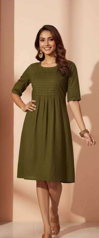 Pleated Detail Mid Sleeve Dress – Olive – Lurreli