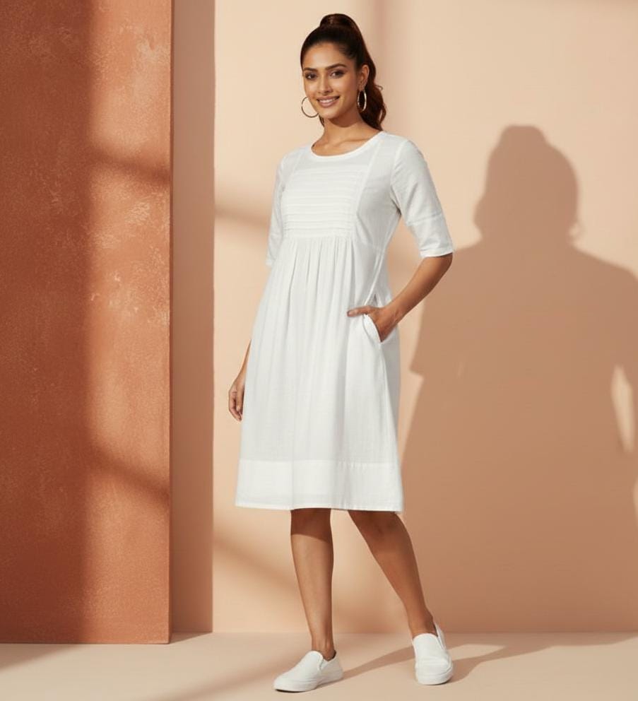 Pleated Detail Mid Sleeve Dress – White – Lurreli