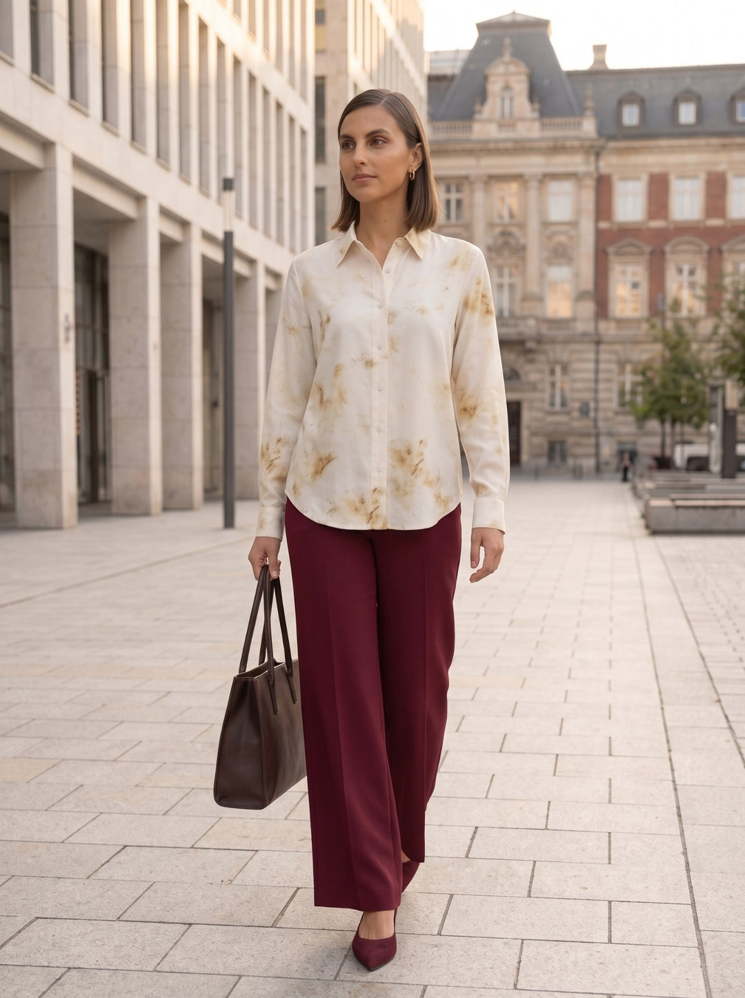 Woman wearing a warm tan watercolor long sleeve button-down shirt with burgundy trousers
