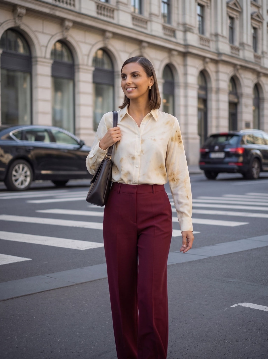 Woman wearing a warm tan watercolor long sleeve button-down shirt with burgundy trousers