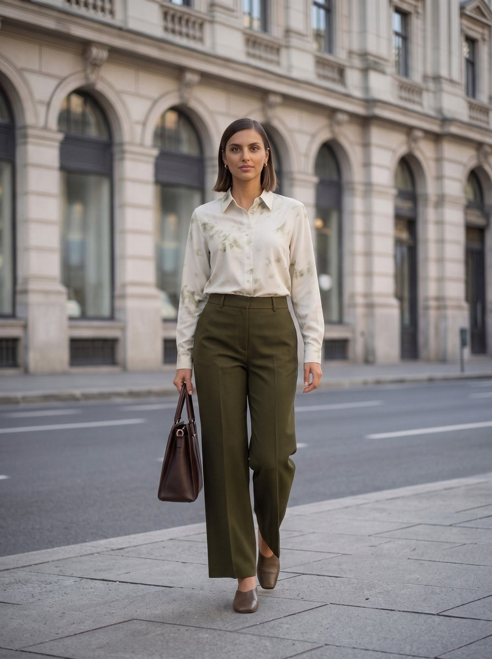 Full-length shot of a woman in an olive printed button-down shirt and tailored wide-leg trousers