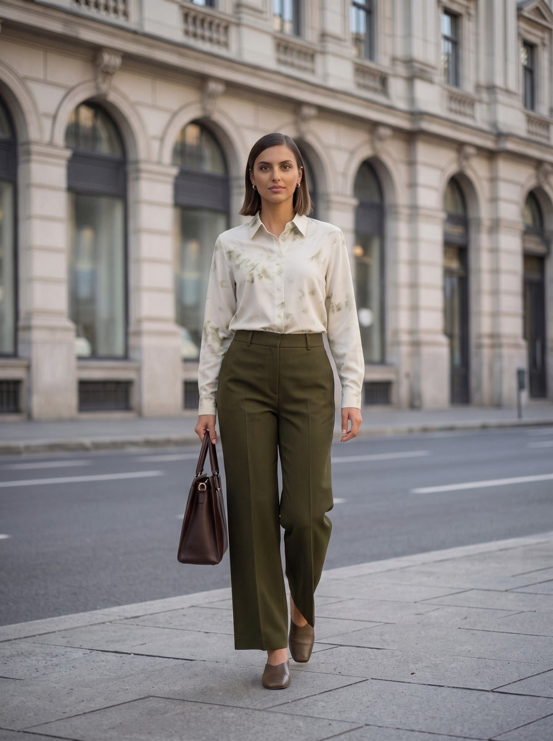 Full-length shot of a woman in an olive printed button-down shirt and tailored wide-leg trousers